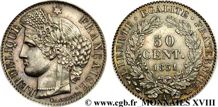 50 centimes Cérès Deuxième république 1851 Paris F.184/5 SUP 