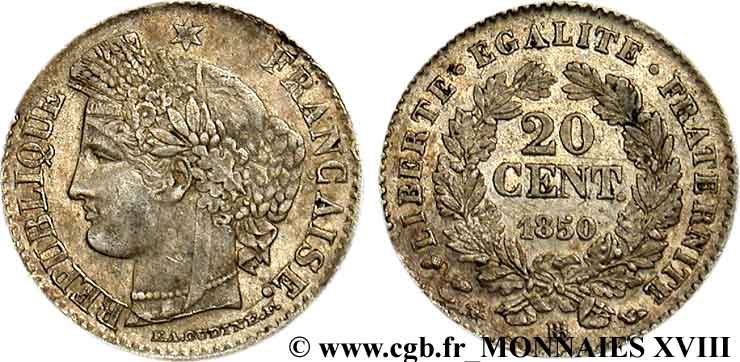 20 centimes Cérès, IIe République 1850 Strasbourg F.146/4 XF 