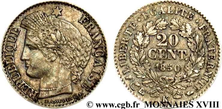 20 centimes Cérès Deuxième république 1850 Bordeaux F.146/5 XF 