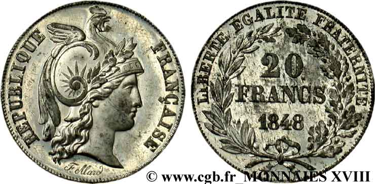 Concours de 20 francs, essai d’Alard 1848 Paris VG.3014 var. SUP 