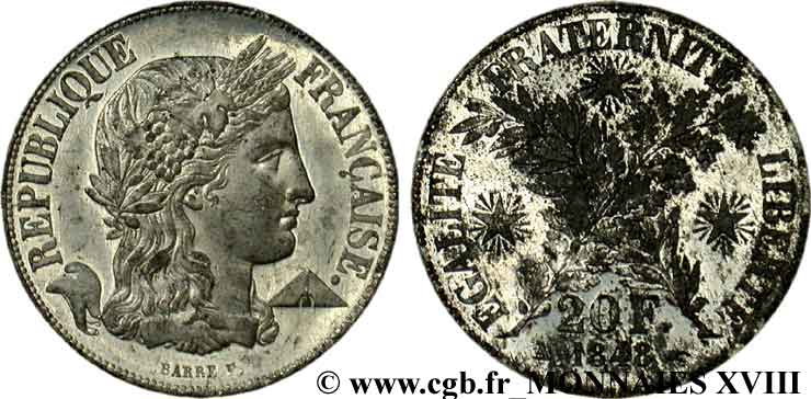 Concours de 20 francs, essai de Barre 1848 Paris VG.3043 var. EBC 