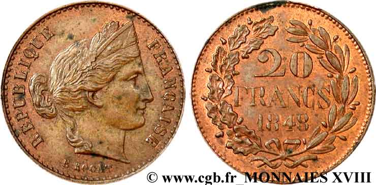 Concours de 20 francs, piéfort de Rogat 1848 Paris VG.3036 var. SPL 
