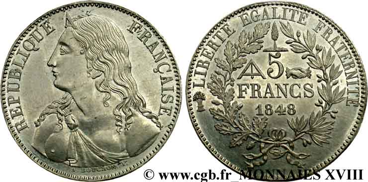 Concours de 5 francs, essai de Bouchon 1848 Paris VG.3064 var. AU 