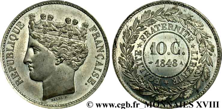 Concours de 10 centimes, essai de Barre 1848 Paris VG.3131  SPL 