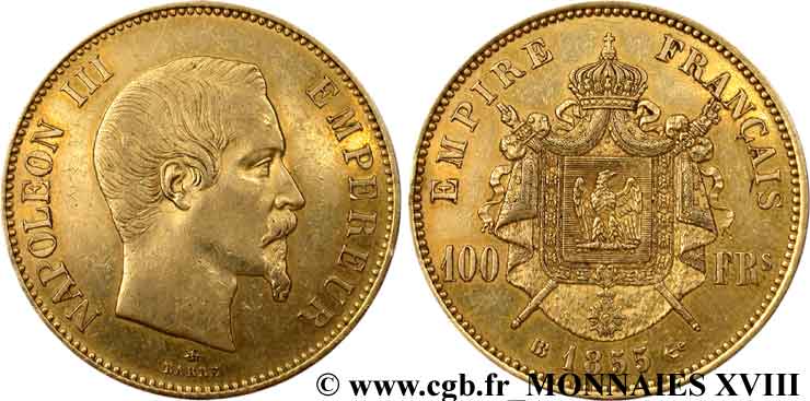 100 francs or Napoléon III tête nue 1855 Strasbourg F.550/2 MBC 