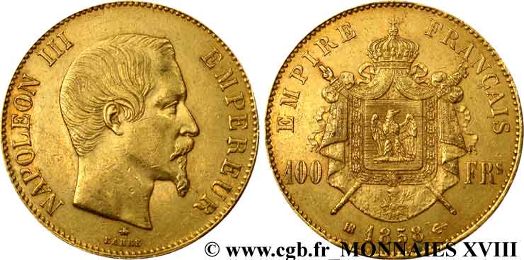 100 francs or Napoléon III tête nue 1858 Strasbourg F.550/6 BB 