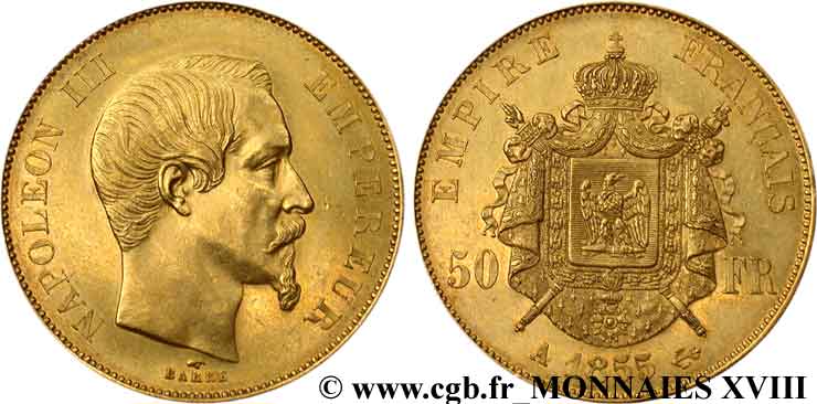 50 francs or Napoléon III, tête nue 1855 Paris F.547/1 AU 