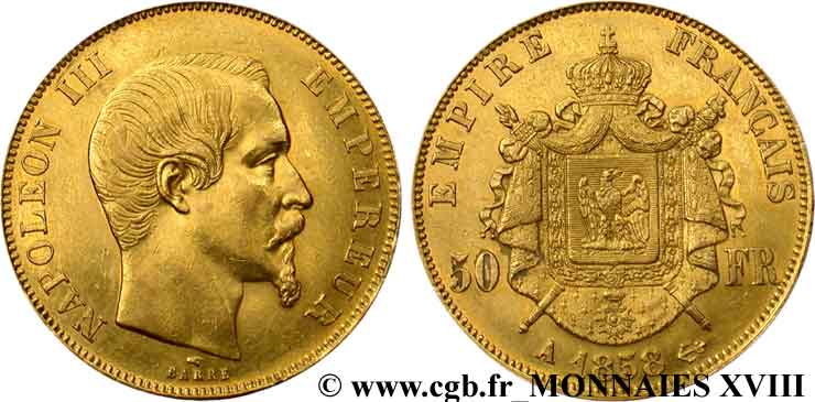 50 francs or Napoléon III, tête nue 1858 Paris F.547/5 SPL 