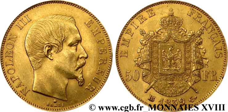 50 francs or Napoléon III, tête nue 1859 Strasbourg F.547/8 EBC 