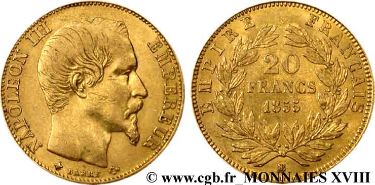 20 francs or Napoléon III, tête nue 1855 Strasbourg F.531/6 XF 