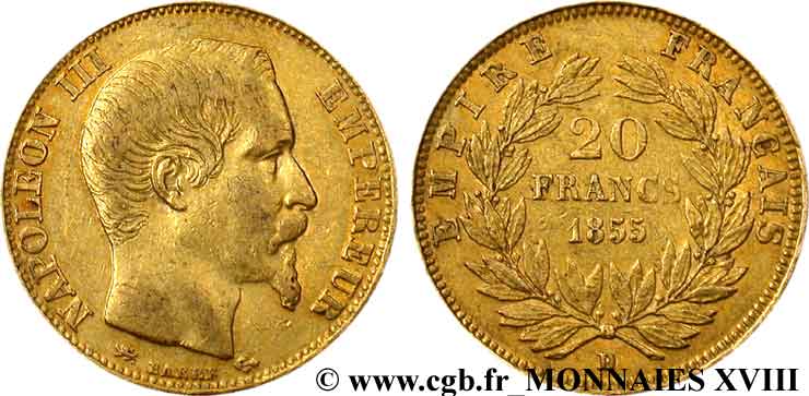 20 francs or Napoléon III, tête nue, petit lion 1855 Lyon F.531/7 XF 