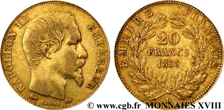 20 francs or Napoléon III, tête nue, grand lion 1855 Lyon F.531/8 XF 