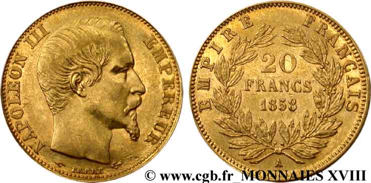 20 francs or Napoléon III, tête nue 1858 Paris F.531/13 MBC 