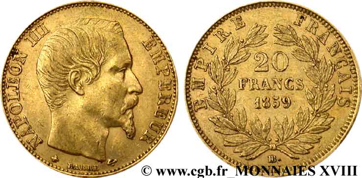 20 francs or Napoléon III, tête nue 1859 Strasbourg F.531/16 SS 