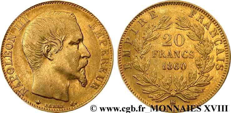 20 francs or Napoléon III, tête nue 1860 Strasbourg F.531/20 SS 
