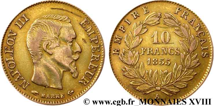 Faux 10 francs Napoléon III tête nue, grand module 1855 Paris F.506/1 TTB 