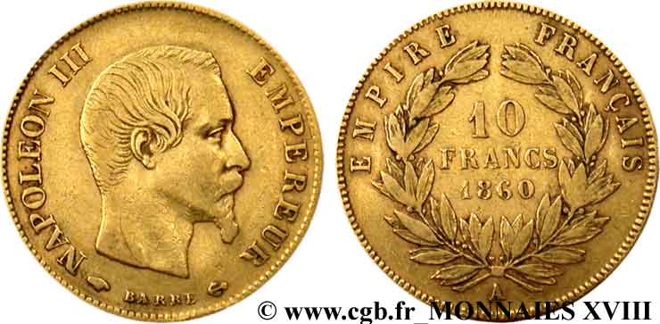 10 francs Napoléon III tête nue, grand module 1860 Paris F.506/9 VF 