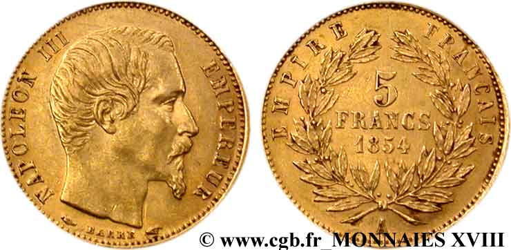 5 francs or Napoléon III tête nue, petit module 1854 Paris F.500/1 XF 