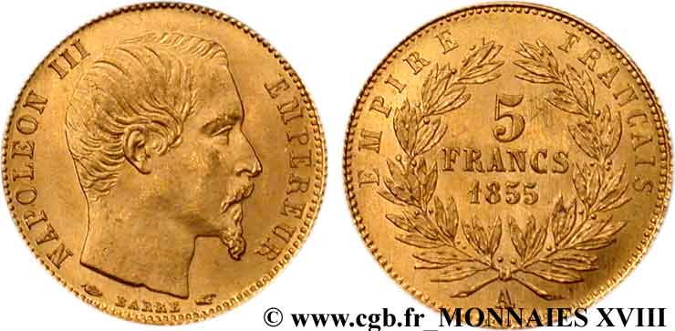 5 francs or Napoléon III tête nue, petit module 1855 Paris F.500A/2 SPL 