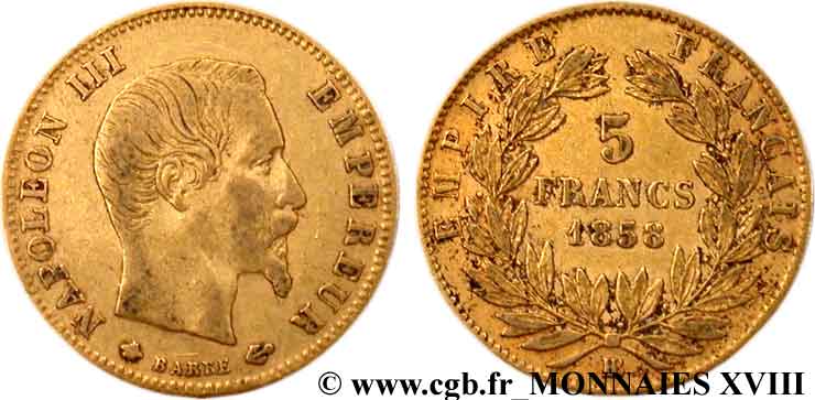 5 francs or Napoléon III tête nue, grand module 1858 Strasbourg F.501/6 TB 