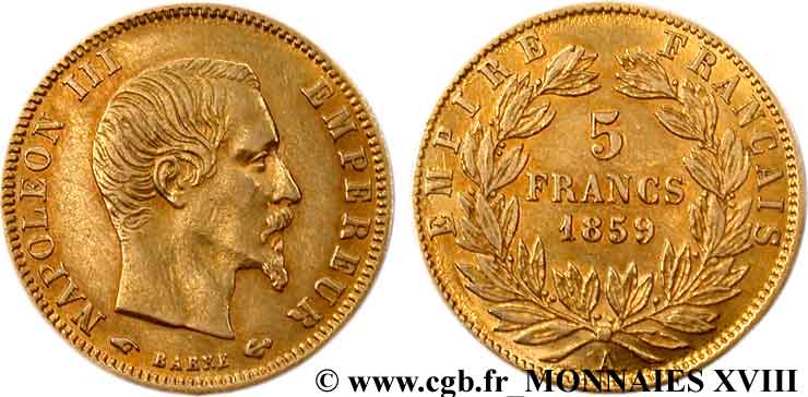 5 francs or Napoléon III, tête nue, grand module 1859 Paris F.501/7 XF 