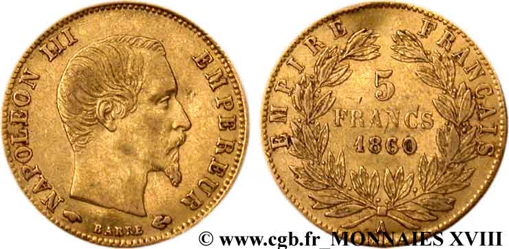 5 francs or Napoléon III tête nue, grand module 1860 Paris F.501/10 XF 