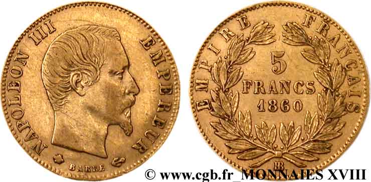 5 francs or Napoléon III tête nue, grand module 1860 Strasbourg F.501/13 TTB 