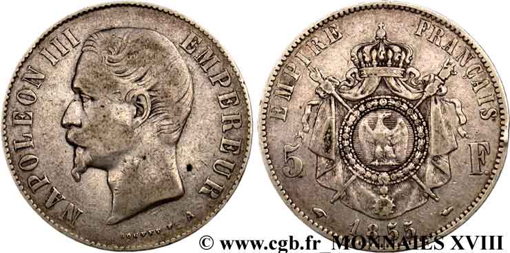 5 francs Napoléon III tête nue 1855 Paris F.330/2 TB 
