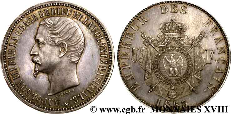 Essai de 5 francs tête nue par Bouvet 1853 Paris VG.3326  MS 