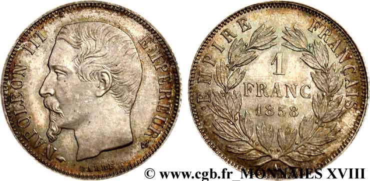 1 franc Napoléon III, tête nue  1858 Paris F.214/11 VZ 