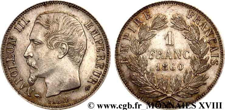 1 franc Napoléon III, tête nue, différent main 1860 Paris F.214/14 SPL 