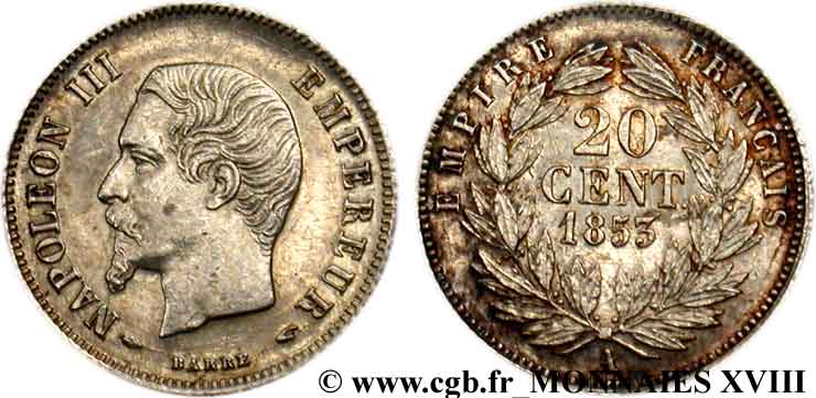 20 centimes Napoléon III, tête nue 1853 Paris F.148/1 VZ 