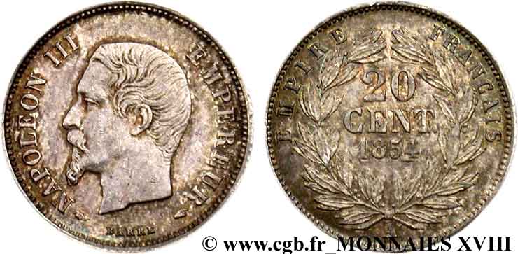 20 centimes Napoléon III, tête nue 1854 Paris F.148/2 SUP 