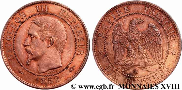 10 Centimes Napoléon III, tête nue 1852 Paris F.133/1 EBC 