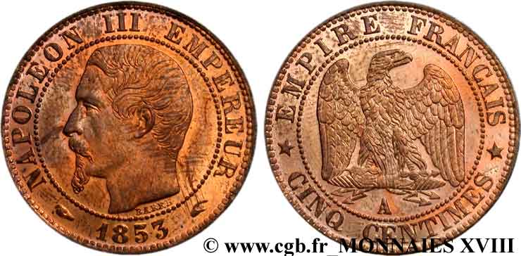 Cinq centimes Napoléon III, tête nue 1853 Paris F.116/1 SPL 