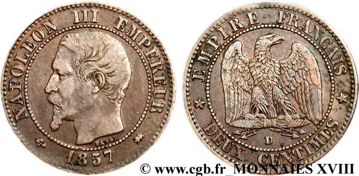 Deux centimes Napoléon III, tête nue, petit D et petit lion 1857 Lyon F.107/48 TB 