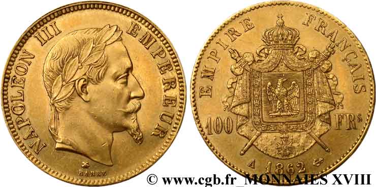100 francs or Napoléon III, tête laurée 1862 Paris F.551/1 AU 