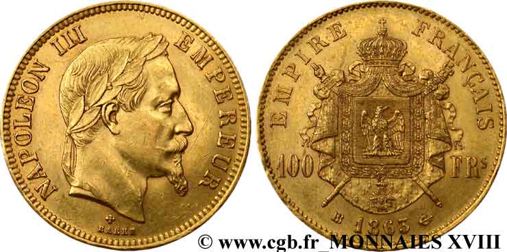 100 francs or Napoléon III, tête laurée 1863 Strasbourg F.551/3 SS 