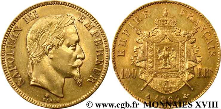100 francs or Napoléon III, tête laurée 1864 Paris F.551/4 TTB 