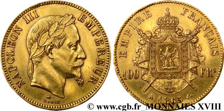 100 francs or Napoléon III, tête laurée 1865 Paris F.551/5 TTB 