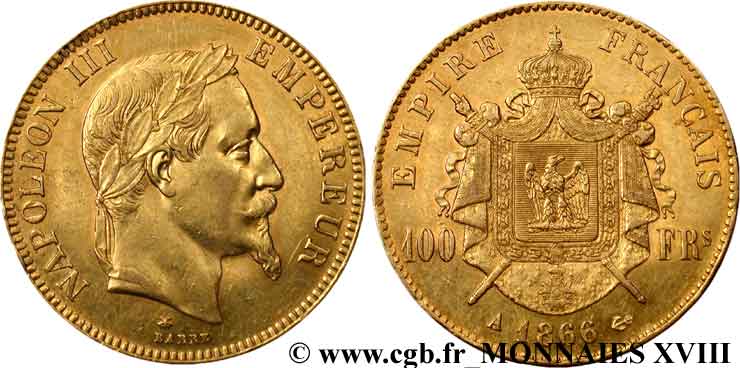 100 francs or Napoléon III, tête laurée 1866 Paris F.551/6 EBC 