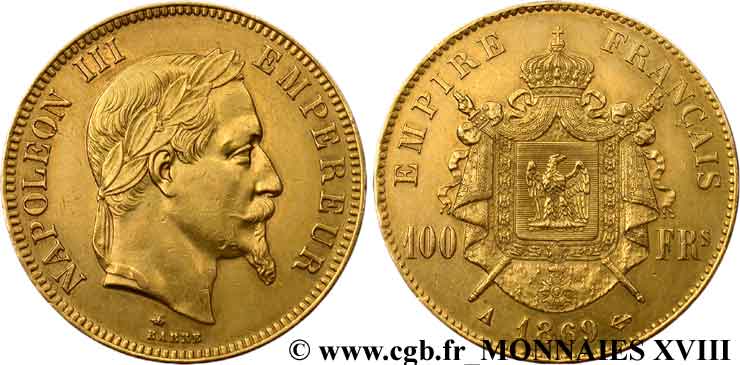 100 francs or Napoléon III, tête laurée 1869 Paris F.551/12 TTB 