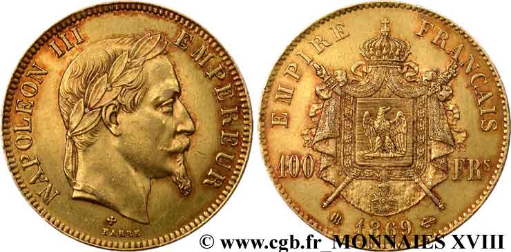 100 francs or Napoléon III, tête laurée 1869 Strasbourg F.551/13 AU 