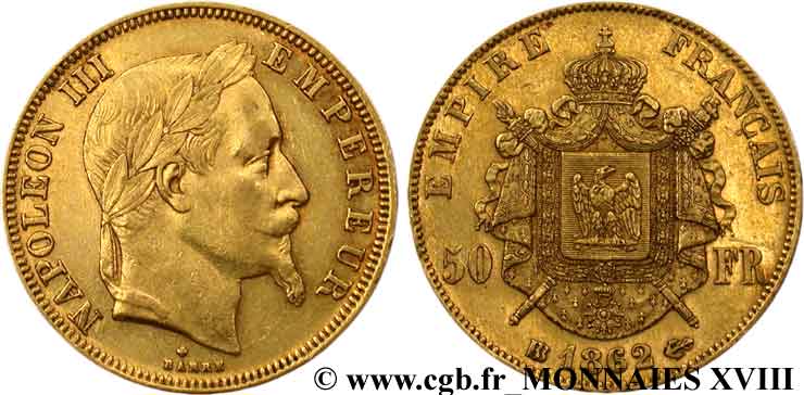 50 francs or Napoléon III, tête laurée 1862 Strasbourg F.548/2 BB 