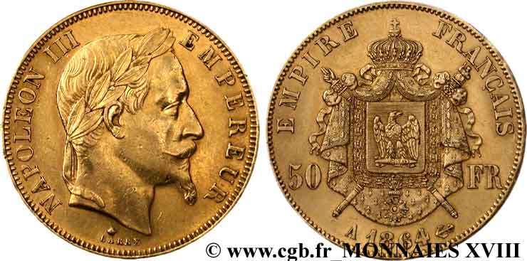 50 francs or Napoléon III, tête laurée 1864 Paris F.548/4 XF 