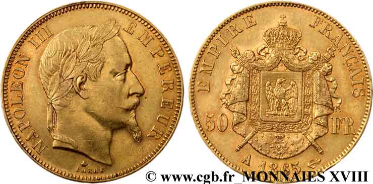 50 francs or Napoléon III, tête laurée 1865 Paris F.548/5 XF 