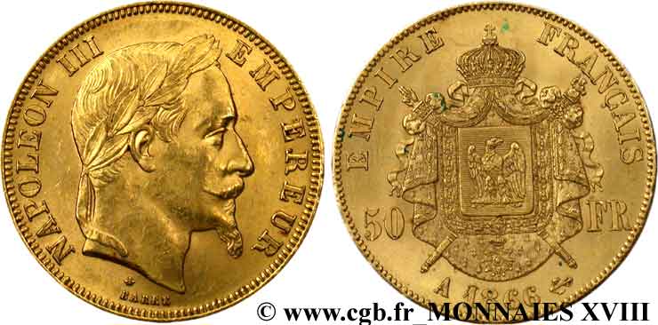 50 francs or Napoléon III, tête laurée 1866 Paris F.548/6 AU 
