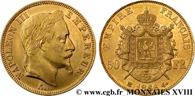 50 francs or Napoléon III, tête laurée 1866 Strasbourg F.548/7 SS 