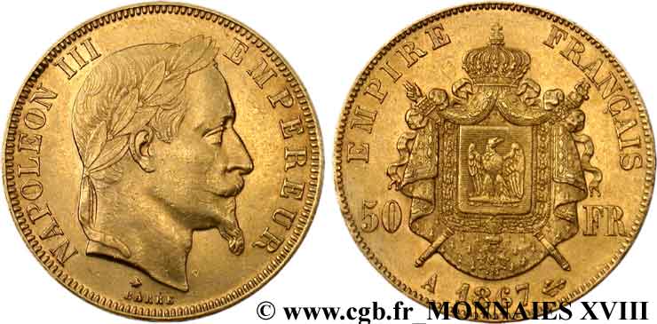 50 francs or Napoléon III, tête laurée 1867 Paris F.548/8 MBC 
