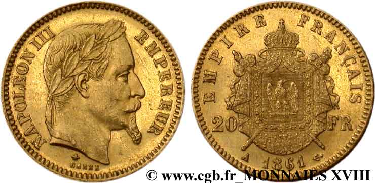 20 francs or Napoléon III, tête laurée 1861 Paris F.532/1 AU 